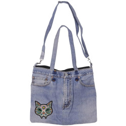 Denim Jean Shoulder Handbags Butt Bags Made from Upcycled Jean Pants - Cat Heart Sun