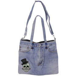 Denim Jean Shoulder Handbags Butt Bags Made from Upcycled Jean Pants - Day Of The Dead Skull