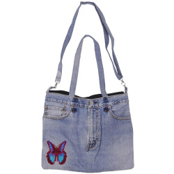 Denim Jean Shoulder Handbags Butt Bags Made from Upcycled Jean Pants - Blue Butterfly