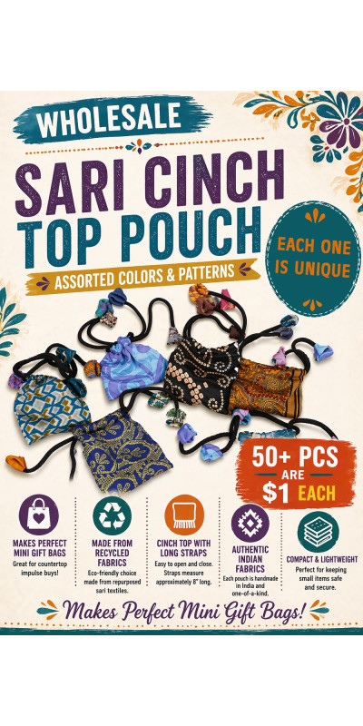 Recycled Sari Cinch Top Pouch Assorted Colors/Patterns