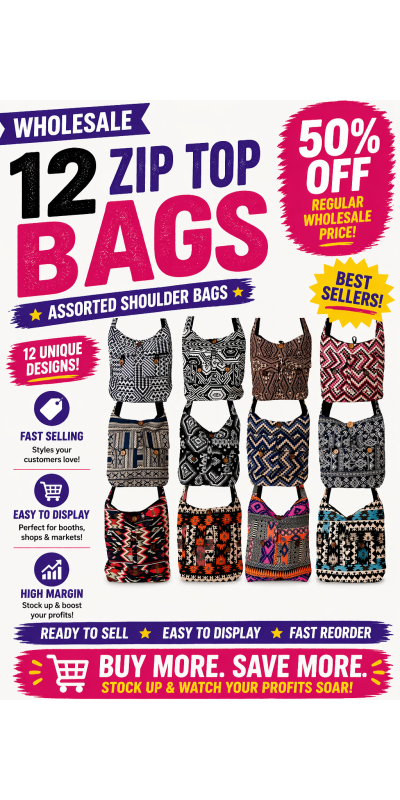 12 Assorted Zip Top Hippie Shoulder Bags *SALE*