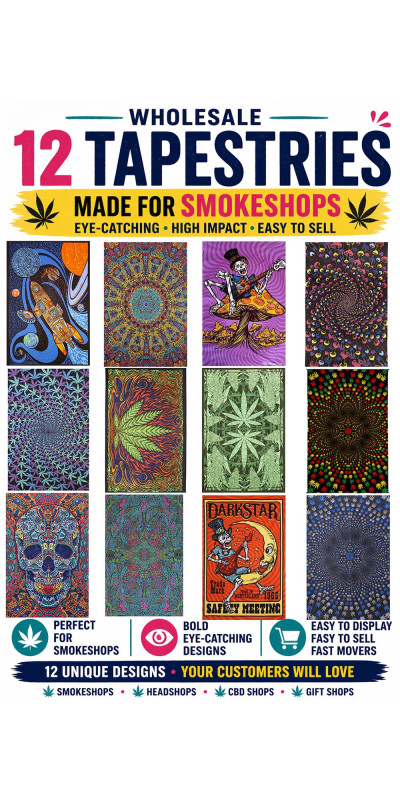 STARTER PACK Wholesale Lot of 12 Assorted  Top Selling 60x90" Head Shop Themed Tapestries - SAVE
