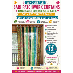 Wholesale Sari Patchwork Curtains – Handmade from Recycled Saris – 54"x86" Tab Top Panel – Sunshine Joy® Lot of 12 Curtains