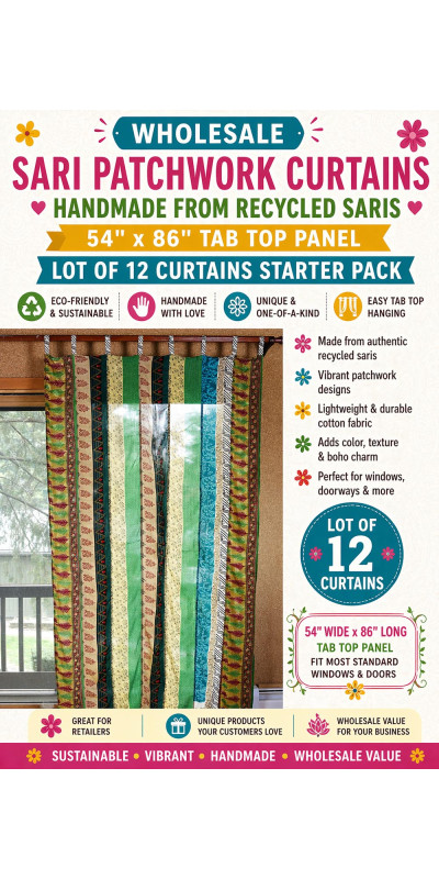 Wholesale Sari Patchwork Curtains – Handmade from Recycled Saris – 54"x86" Tab Top Panel – Sunshine Joy® Lot of 12 Curtains