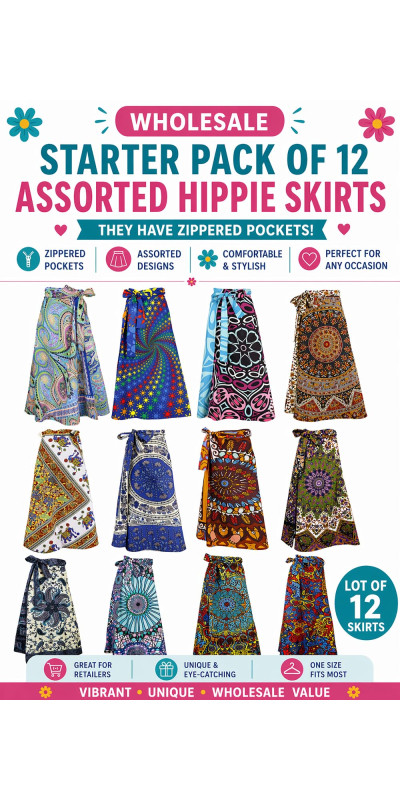 Wholesale Lot of 12 Assorted Hippie Skirts - SAVE  (log in to see wholesale prices)