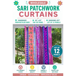 Wholesale Sari Patchwork Curtains – Handmade from Recycled Saris – 54"x63" Tab Top Panel – Sunshine Joy® Lot of 12 Panels