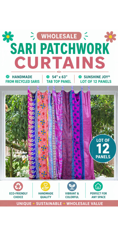 Wholesale Sari Patchwork Curtains – Handmade from Recycled Saris – 54"x63" Tab Top Panel – Sunshine Joy® Lot of 12 Panels