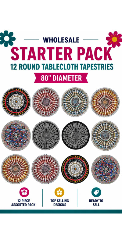 Wholesale Lot of 12 Assorted Round Tablecloth Tapestries 80"