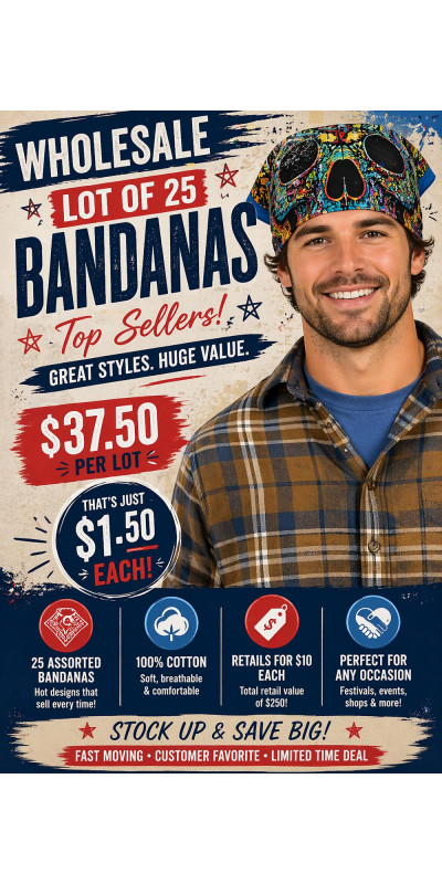 WHOLESALE LOT of 25 Assorted Bandanas **SAVE**