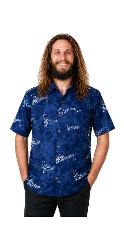 Blue Musical Notes Batik Hary Dary Men's Button Down Camp Shirt