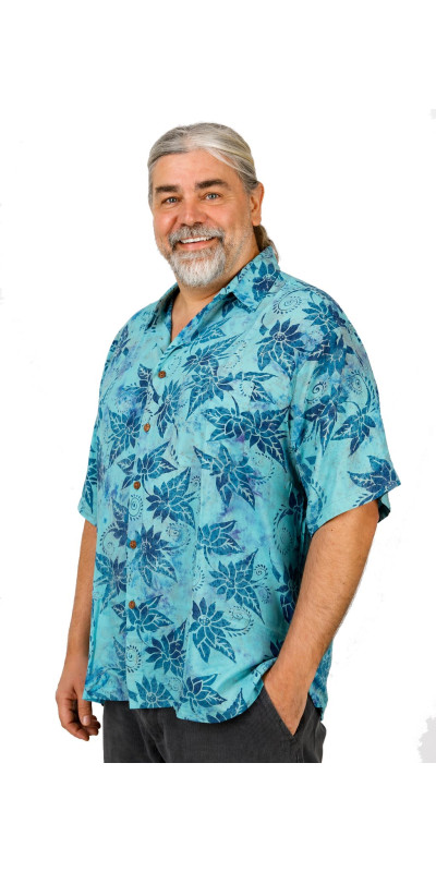 Aqua with Navy Flowers Hary Dary Men's Button Down Camp Shirt