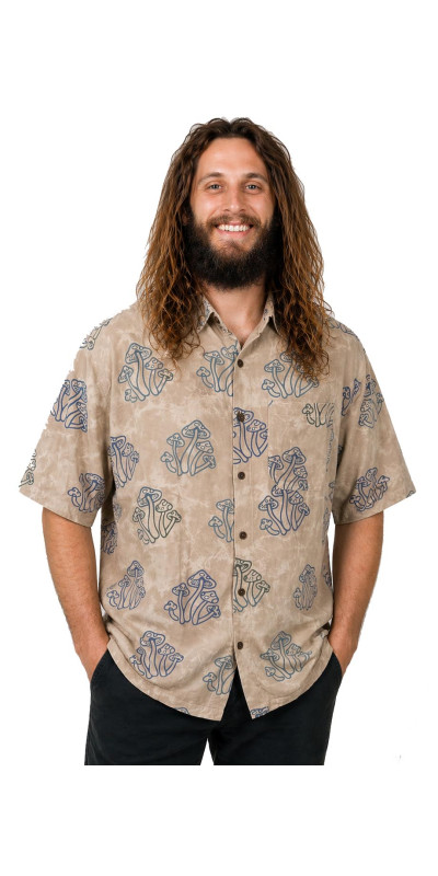 Tan Shrooms Batik Hary Dary Men's Button Down Camp Shirt