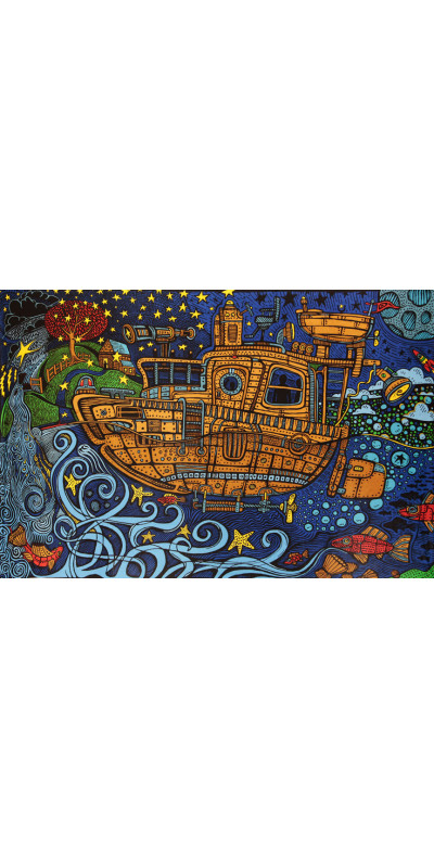 3D Steampunk Tug Boat Mini Tapestry 30x45 - Art by Chris Pinkerton