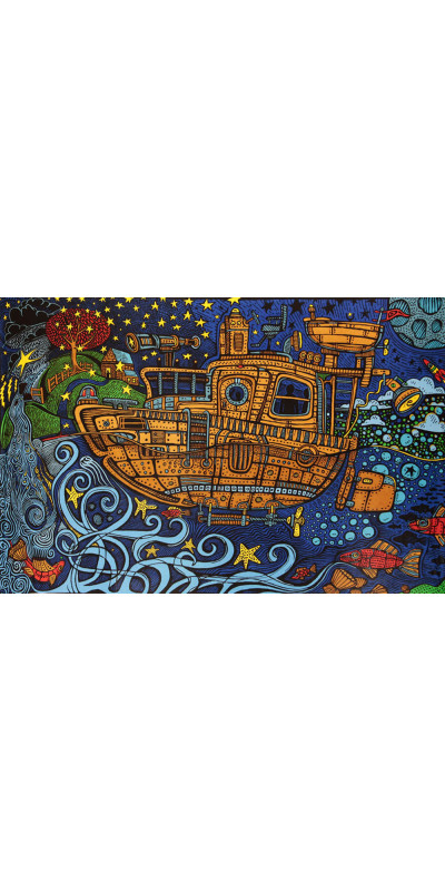 3D Steampunk Tugboat Tapestry - Art by Chris Pinkerton **Sale**