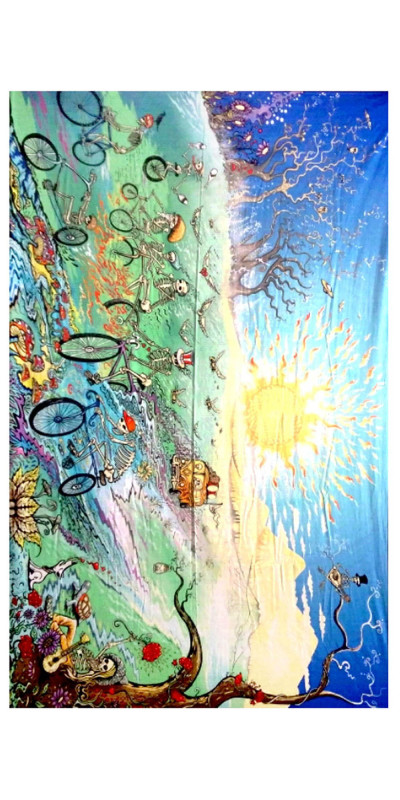 Skeletons On Bikes Heady Art Print Tapestry 53x85 - Artwork by Mike DuBois