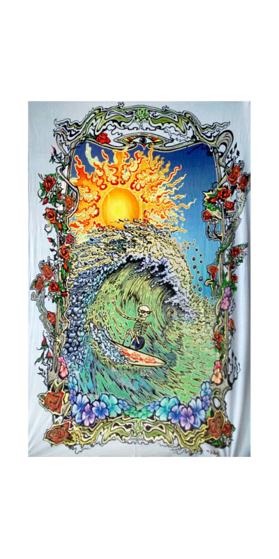 Surfing Skeleton Heady Art Print Tapestry 53x85 - Artwork by Mike DuBois