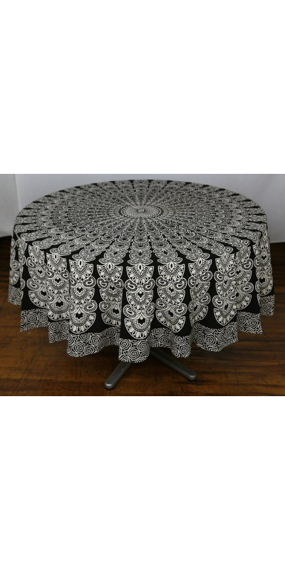 Zest For Life Round Black & White Plume Tablecloth Tapestry 80" - Hemmed Edge