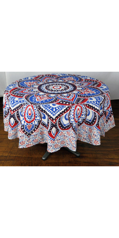 Zest For Life Round Red/Blue Mandala Tablecloth Tapestry 80" - Hemmed Edge