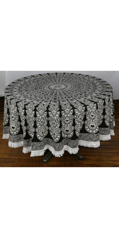 Zest For Life Round Black & White Plume Tablecloth Tapestry 80" - Fringed Edge