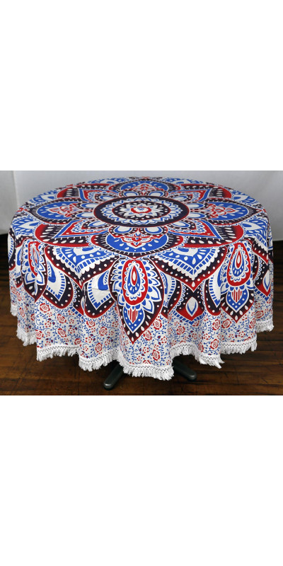 Zest For Life Round Red/Blue Mandala Tablecloth Tapestry 80" - Fringed Edge