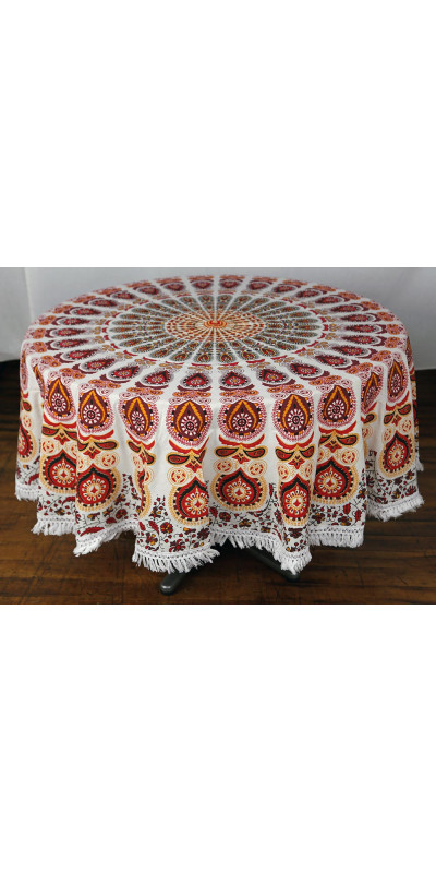Zest For Life Round Red/Gold Mandala Tablecloth Tapestry 80" - Fringed Edge
