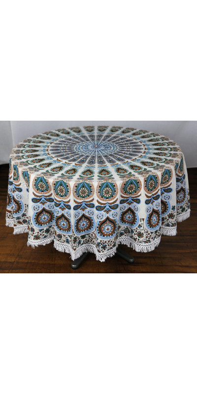Zest For Life Round Blue/Red Mandala Tablecloth Tapestry 80" - Fringed Edge