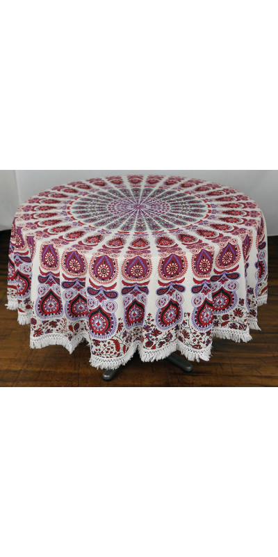 Zest For Life Round Purple/Red Mandala Tablecloth Tapestry 80" - Fringed Edge