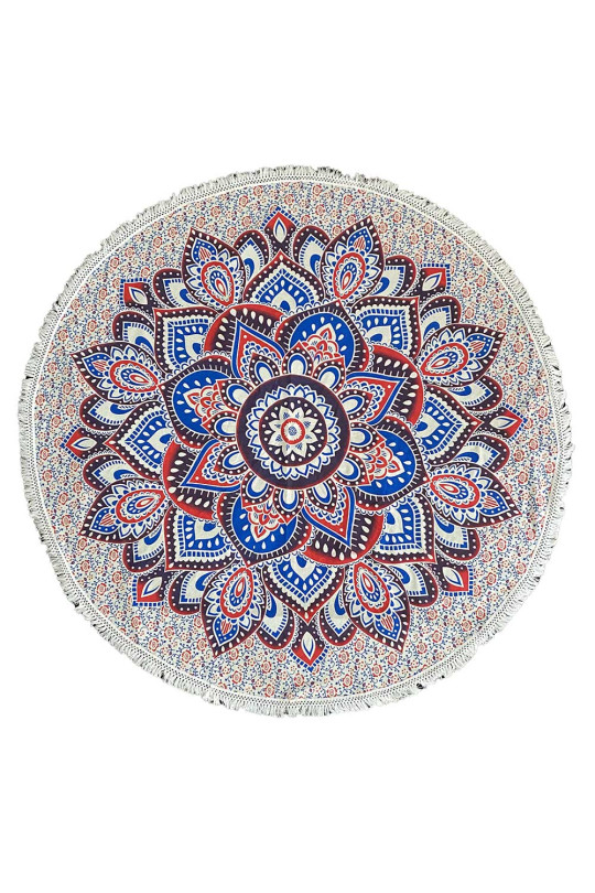 Zest For Life Round Red/Blue Mandala Tablecloth Tapestry 80" - Fringed Edge 