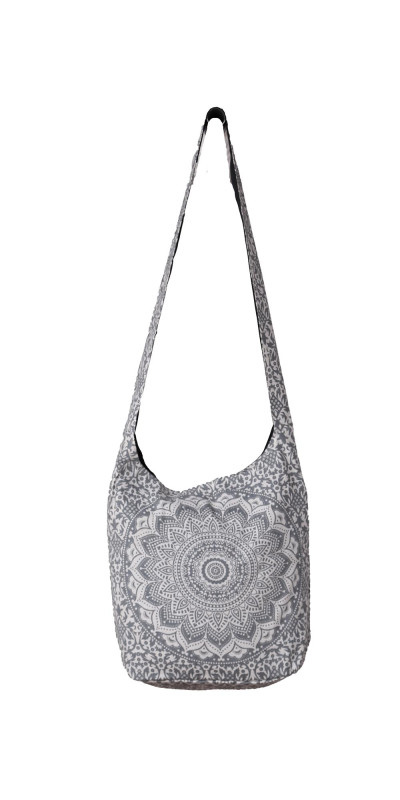 Mandala Zip Top Hobo Bag Grey/White