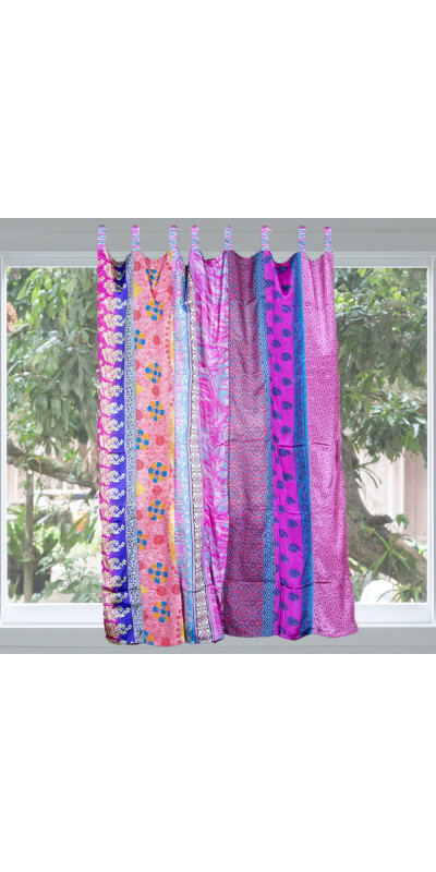 Sari Patchwork Panel Curtains – 54"x63" Handmade from Recycled Saris – Tab Top Panels – Sunshine Joy®