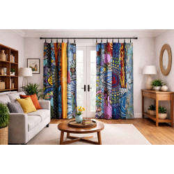 Silly Simon Mushroom Theme - Sunshine Joy Bohemian Patchwork Curtain – Handmade Cotton Tab Top Panel – Psychedelic Hippie Home Decor *SALE*