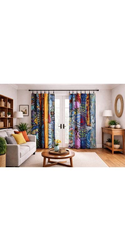 Silly Simon Mushroom Theme - Sunshine Joy Bohemian Patchwork Curtain – Handmade Cotton Tab Top Panel – Psychedelic Hippie Home Decor *SALE*