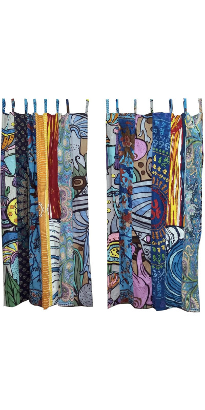 Silly Simon Mushroom Theme - Sunshine Joy Bohemian Patchwork Curtain – Handmade Cotton Tab Top Panel – Psychedelic Hippie Home Decor *SALE*