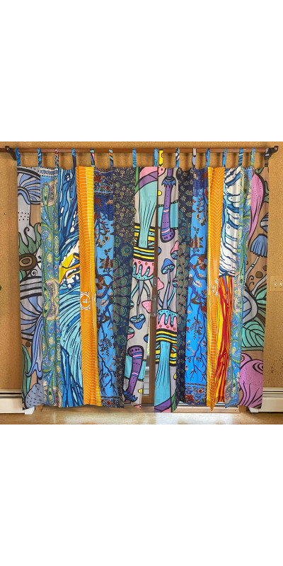 Silly Simon Mushroom Theme - Sunshine Joy Bohemian Patchwork Curtain – Handmade Cotton Tab Top Panel – Psychedelic Hippie Home Decor *SALE*