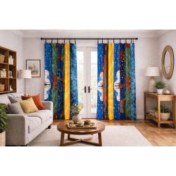 Beach Theme - Sunshine Joy Bohemian Patchwork Curtain – Handmade Cotton Tab Top Panel – Psychedelic Hippie Home Decor *SALE*