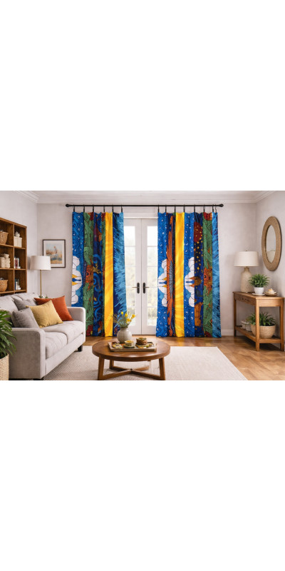 Beach Theme - Sunshine Joy Bohemian Patchwork Curtain – Handmade Cotton Tab Top Panel – Psychedelic Hippie Home Decor *SALE*