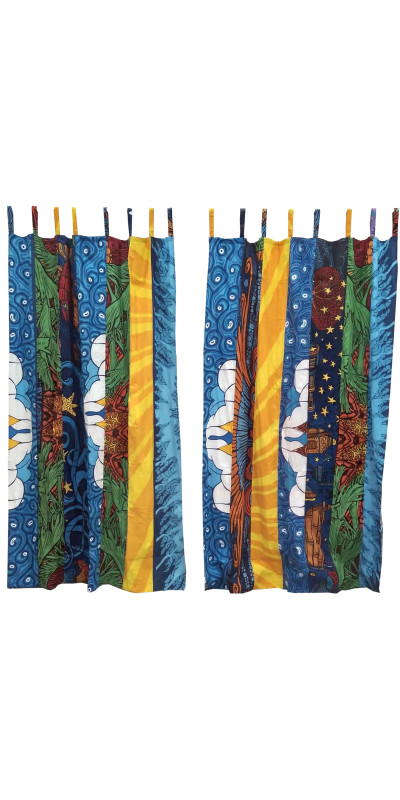 Beach Theme - Sunshine Joy Bohemian Patchwork Curtain – Handmade Cotton Tab Top Panel – Psychedelic Hippie Home Decor *SALE*