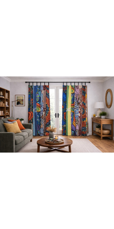 Boomer Mushroom Theme - Sunshine Joy Bohemian Patchwork Curtain – Handmade Cotton Tab Top Panel – Psychedelic Hippie Home Decor *SALE*