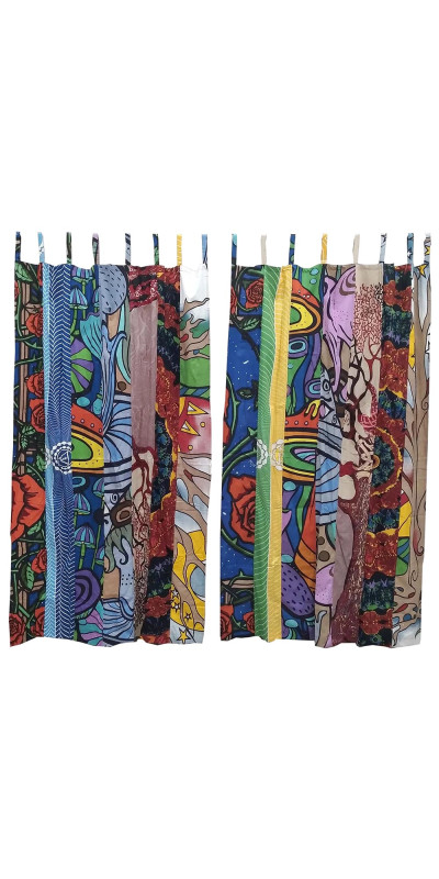 Boomer Mushroom Theme - Sunshine Joy Bohemian Patchwork Curtain – Handmade Cotton Tab Top Panel – Psychedelic Hippie Home Decor *SALE*