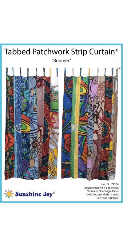 Boomer Mushroom Theme - Sunshine Joy Bohemian Patchwork Curtain – Handmade Cotton Tab Top Panel – Psychedelic Hippie Home Decor *SALE*