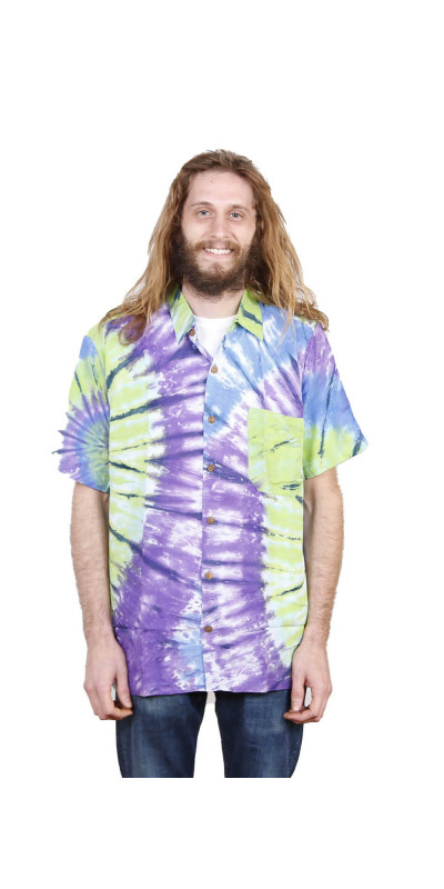 Blue Green Tie Dye Hary Dary Men's Button Down Camp Shirt