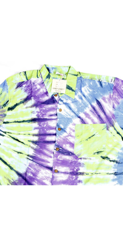 Blue Green Tie Dye Hary Dary Men's Button Down Camp Shirt