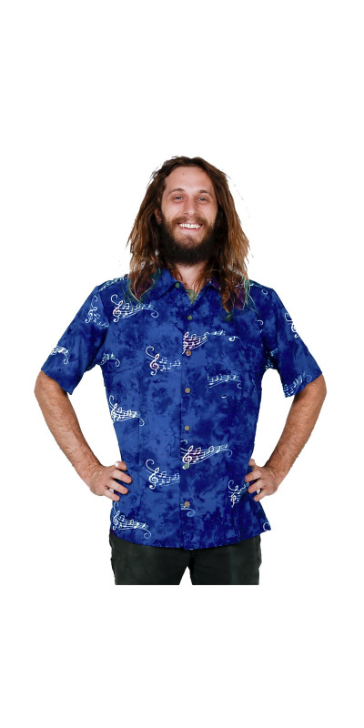 Blue Musical Notes Batik Hary Dary Men's Button Down Camp Shirt