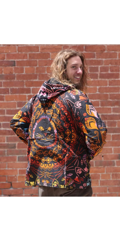 Reversible Fleece Lined Pullover Hoodie - Colorful Cats