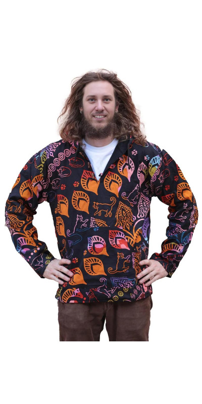 Reversible Fleece Lined Pullover Hoodie - Colorful Cats