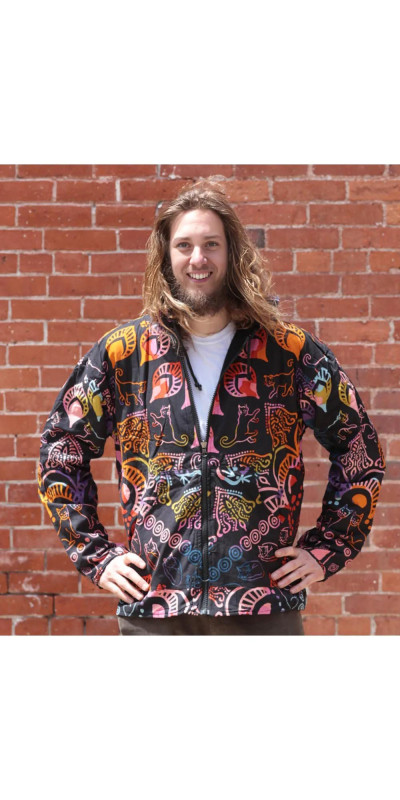 Reversible Fleece Lined Zip Up Hoodie - Colorful Cats
