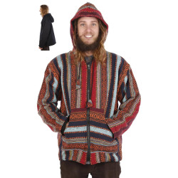 Reversible Fleece Lined Woven Baja Style Hoodie Zip Up Brick Stripe