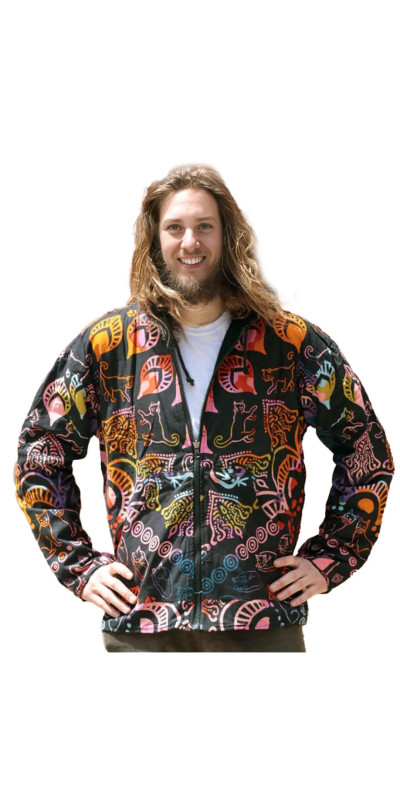 Reversible Fleece Lined Zip Up Hoodie - Colorful Cats
