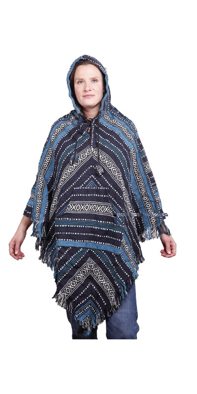 Woven Hooded Poncho - Navy Stripe