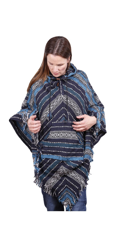 Woven Hooded Poncho - Navy Stripe